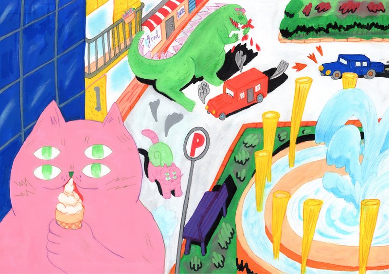 原创手绘四眼粉猫吃冰淇淋艺术微喷装饰画 - 其他 - 纸 白色