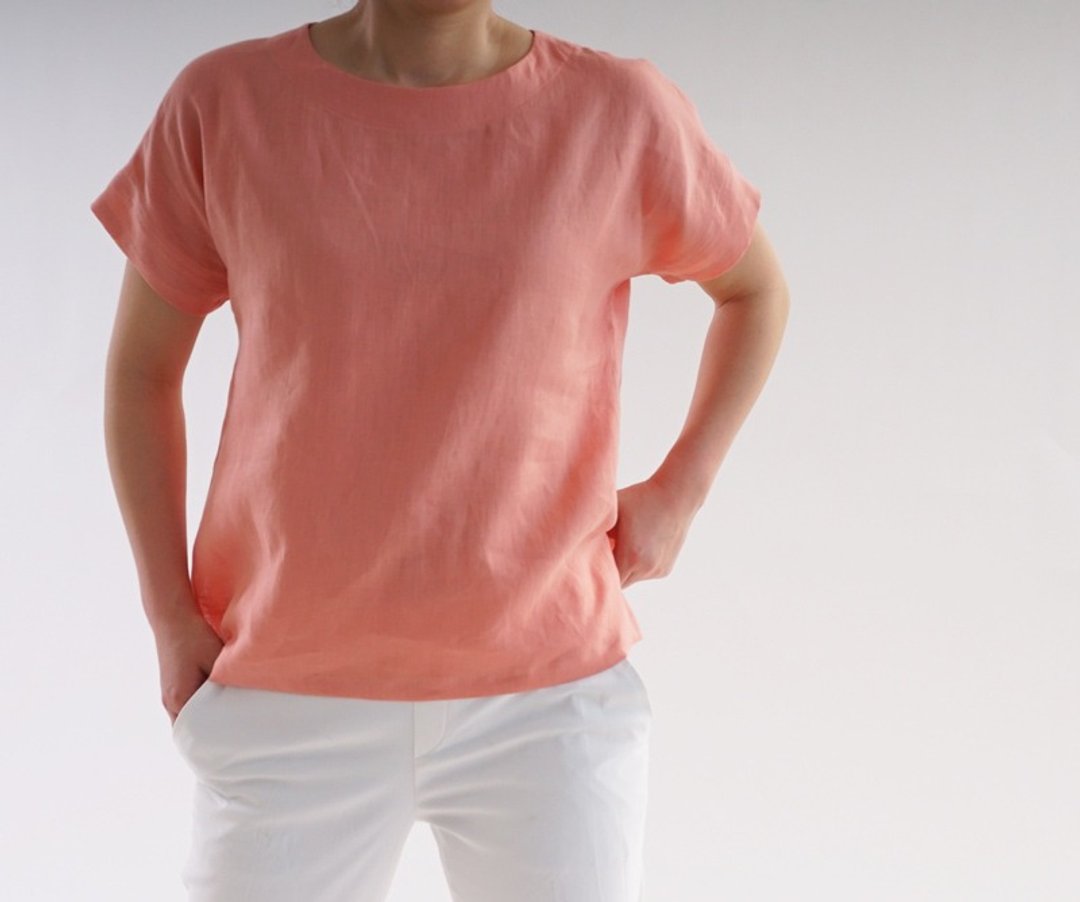 linen / linen shirt / drop shoulder / short sleeve / simple / t1-50 - 女装上衣 - 棉 粉红色