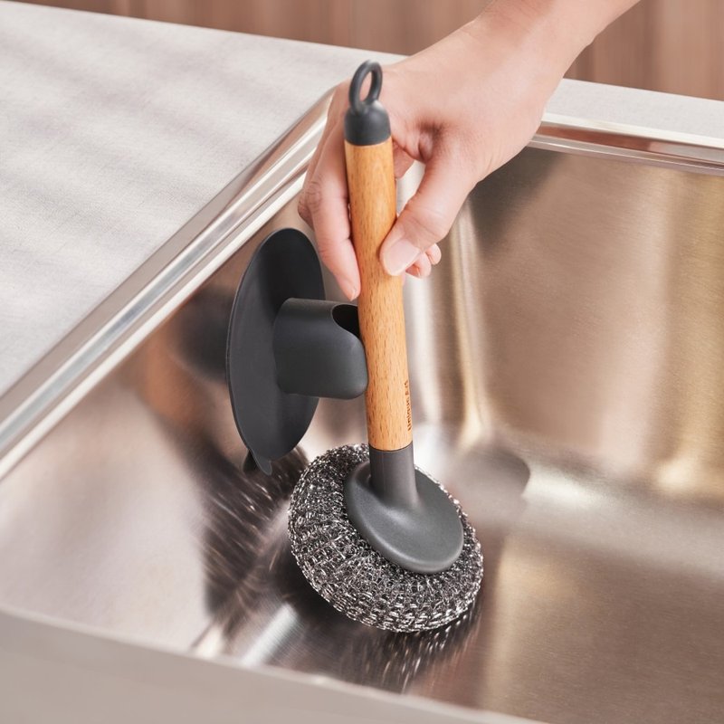 【新品上市】EASY KITCHEN 吸盘式木柄不锈钢刷具组 - 碗盘清洁 - 其他材质 