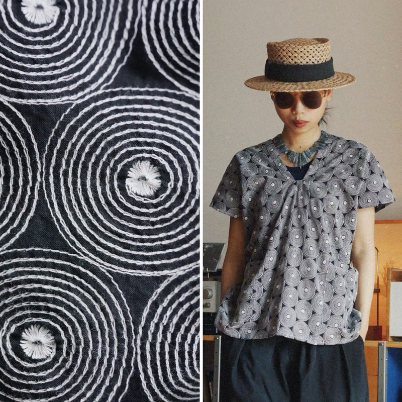 圓形漩渦提花純棉 套頭v領貫頭衣 夏季方形短袖上衣T恤 - 女装衬衫 - 棉．麻 黑色