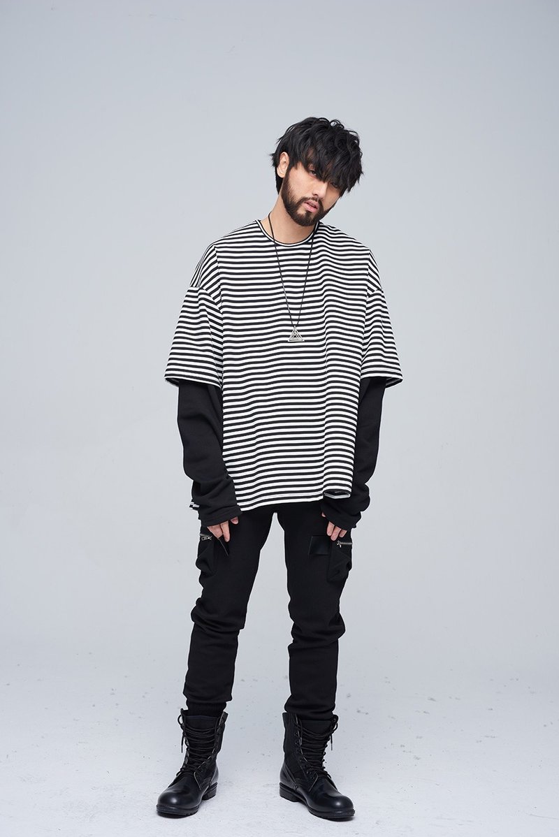 宽松横条假两件上衣９１１２ - 男装上衣/T 恤 - 棉．麻 