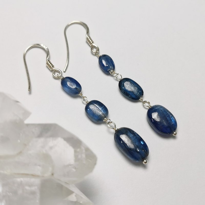 天然蓝晶石纯银耳环/手工制作/925/999 - 耳环/耳夹 - 宝石 蓝色