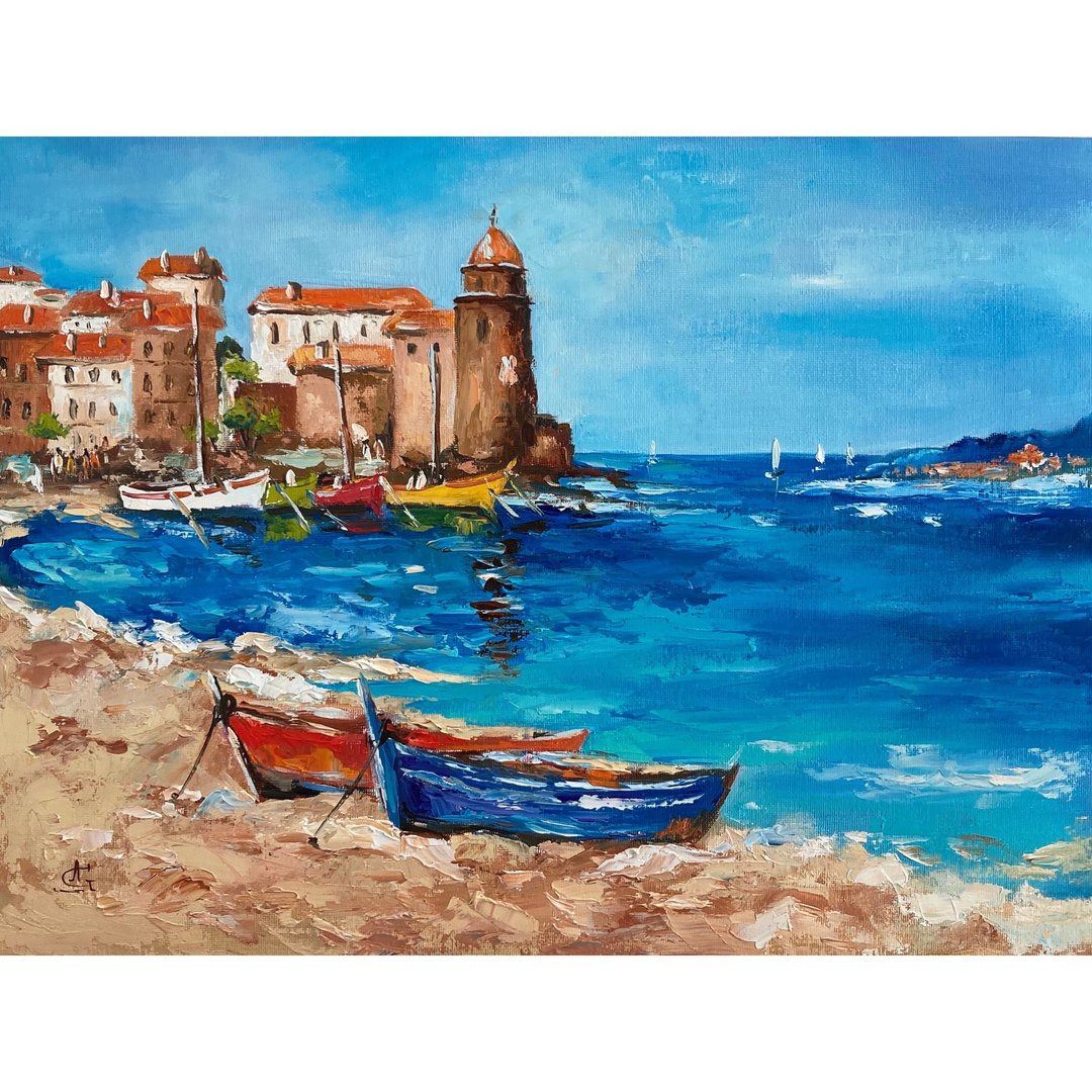 Seascape original oil painting Boats artwork Italy painting - 墙贴/壁贴 - 其他材质 多色