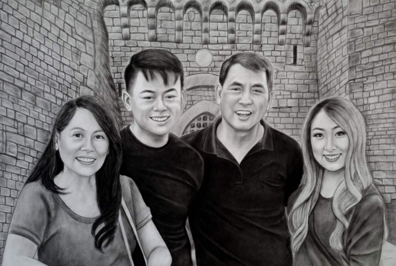 Commission family portrait from photo, Custom art, Photo to painting - 订制画像 - 纸 黑色