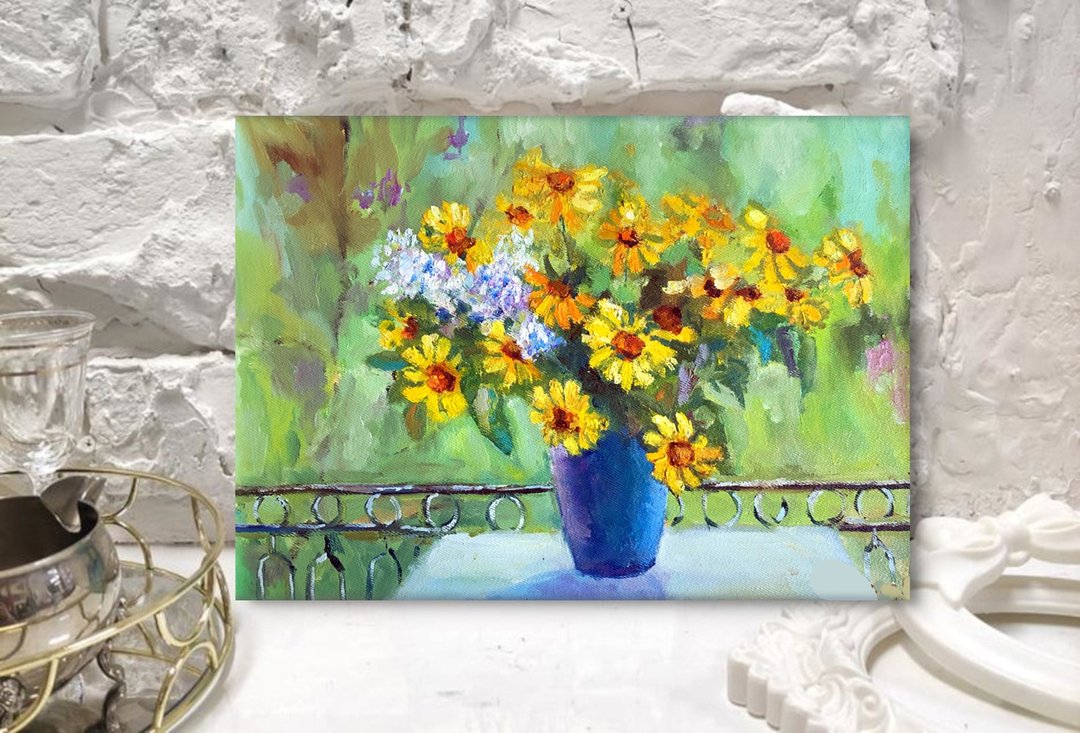 Flower Bouquet Oil Painting / Hanging Art / Daisy Hand-Painted - 海报/装饰画/版画 - 棉 
