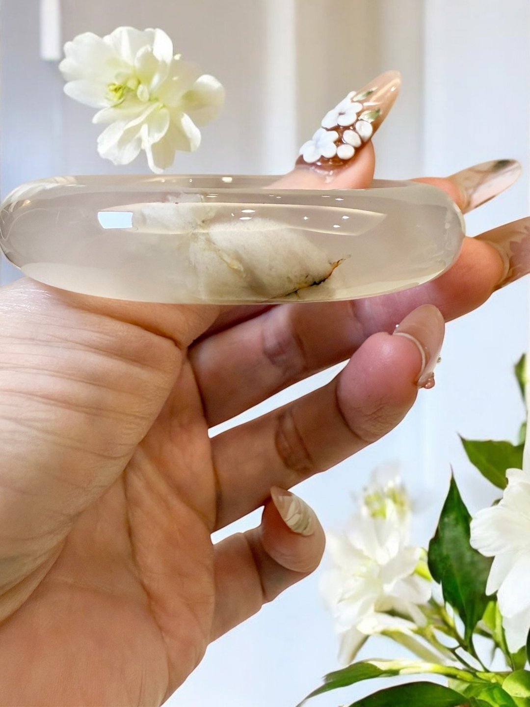樱花玛瑙手镯 玛瑙手镯高级烟灰冰灰成形木棉花意境正镯54/55可戴 - 手链/手环 - 玉石 