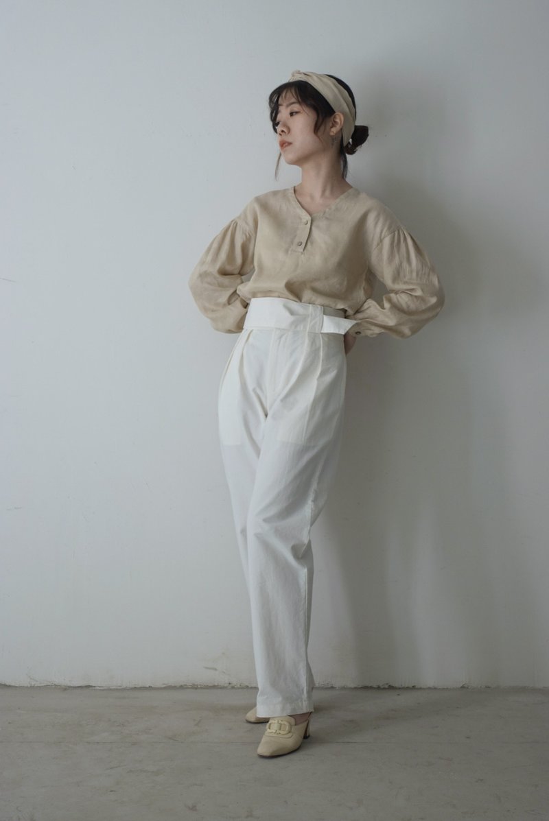 雨打湿裤脚 | 高腰极简白腰带高支棉直筒长裤  双11限定 圣诞礼盒 - 女装长裤 - 棉．麻 白色