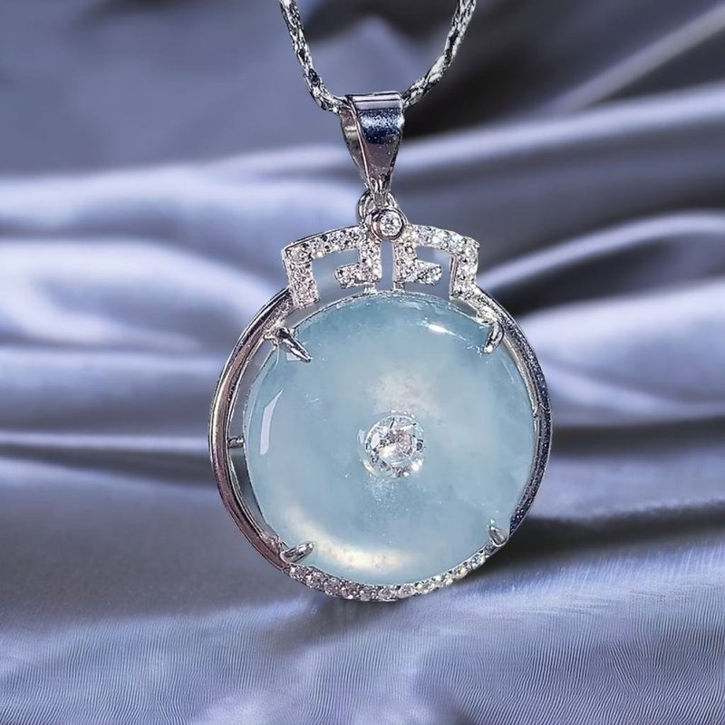 【愿·平安】冰蓝水翡翠平安扣吊饰 925纯银 | 天然A货翡翠 |送礼 - 吊饰 - 玉石 透明