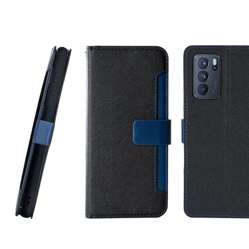 CASE SHOP OPPO Reno 6 专用前插卡侧立式皮套-黑 加送3.5mm耳机 - 手机壳/手机套 - 人造皮革 黑色