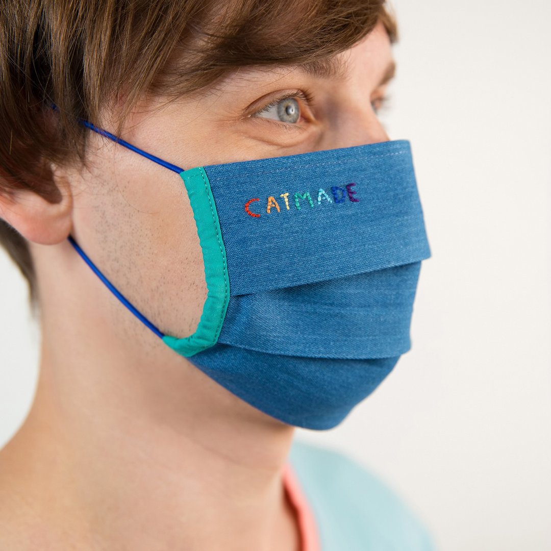 Blue Denim Cotton Face Mask - Elastic Ear Loops, Catmade Sign Hand Embroidery - 口罩 - 棉 多色
