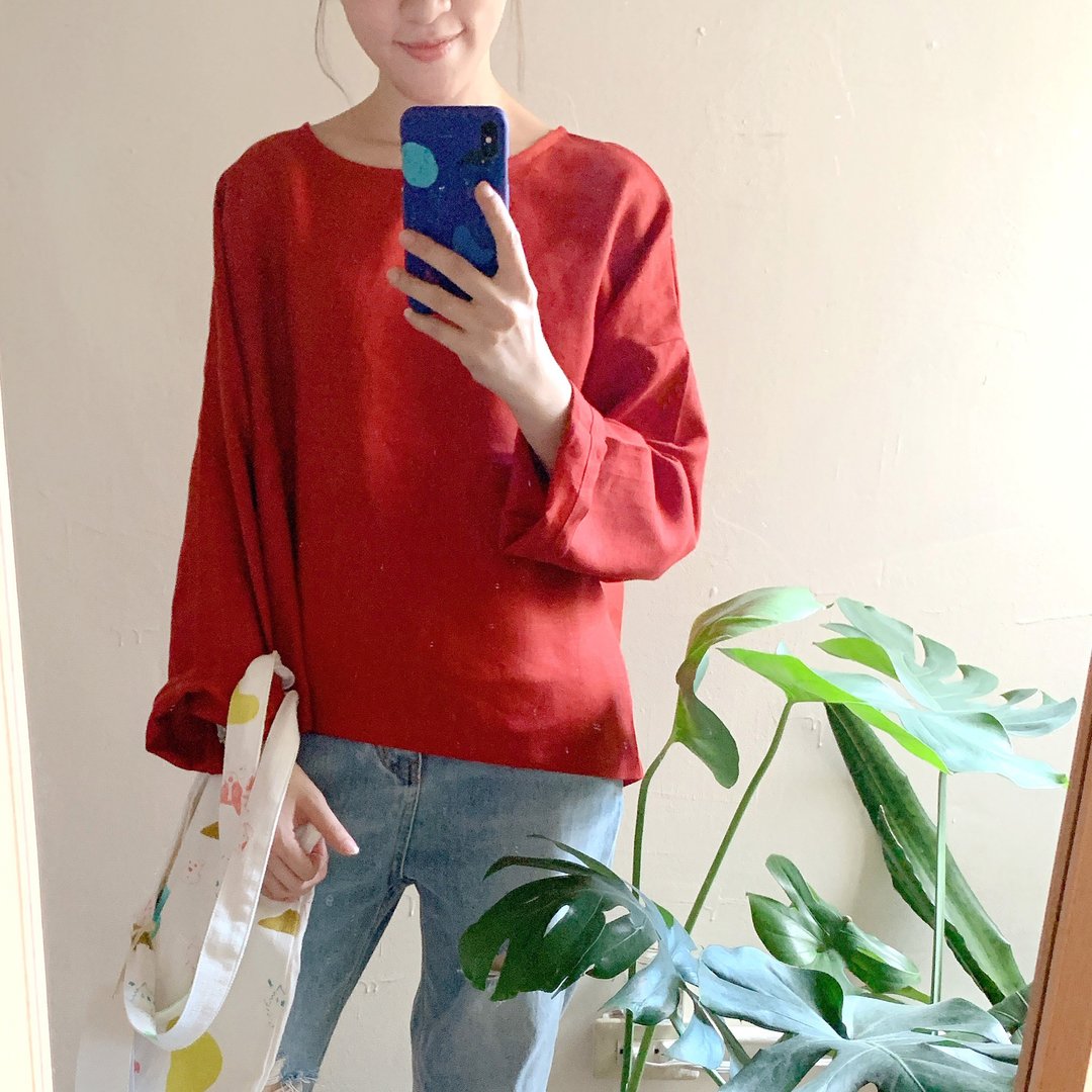订制 心花系列-舒服亚麻布料宽袖圆领上衣 - 女装上衣 - 棉 红色