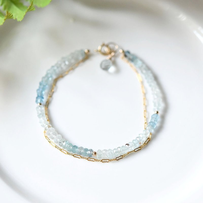 14KGF Gradation Aquamarine Double Bracelet March Birthstone An Angel Stone that Leads to Happiness bracelet - 手链/手环 - 半宝石 蓝色