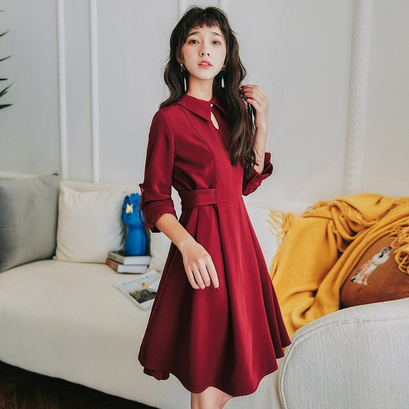 春季瘦腰连身裙洋装 - 洋装/连衣裙 - 聚酯纤维 红色