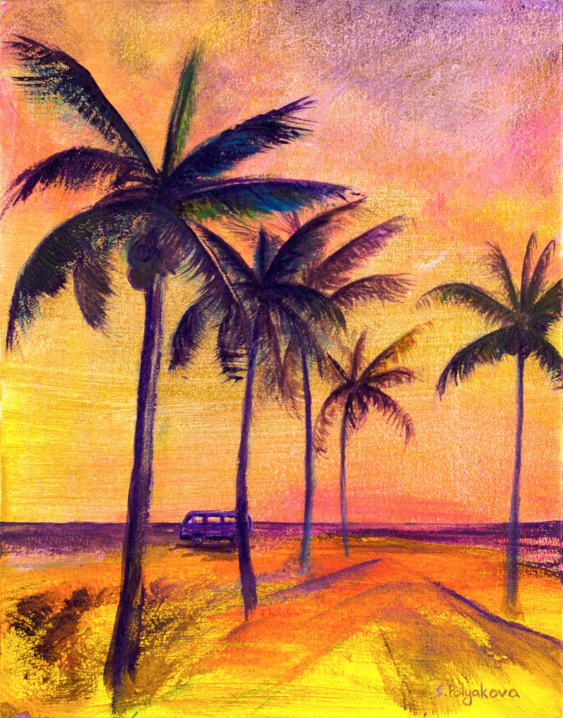 Palm Tree Painting Golden Sunset Acrylic Painting Miami Painting Original Art - 海报/装饰画/版画 - 其他材质 金色