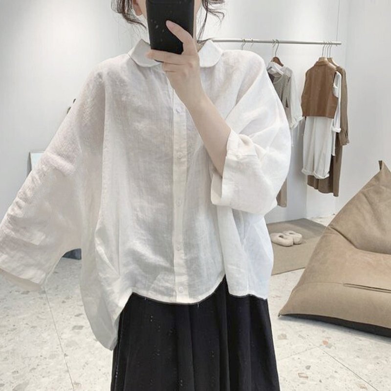 超大棉质衬衫，3/4长袖，落肩，简约，手工风格。 - 女装衬衫 - 棉．麻 多色