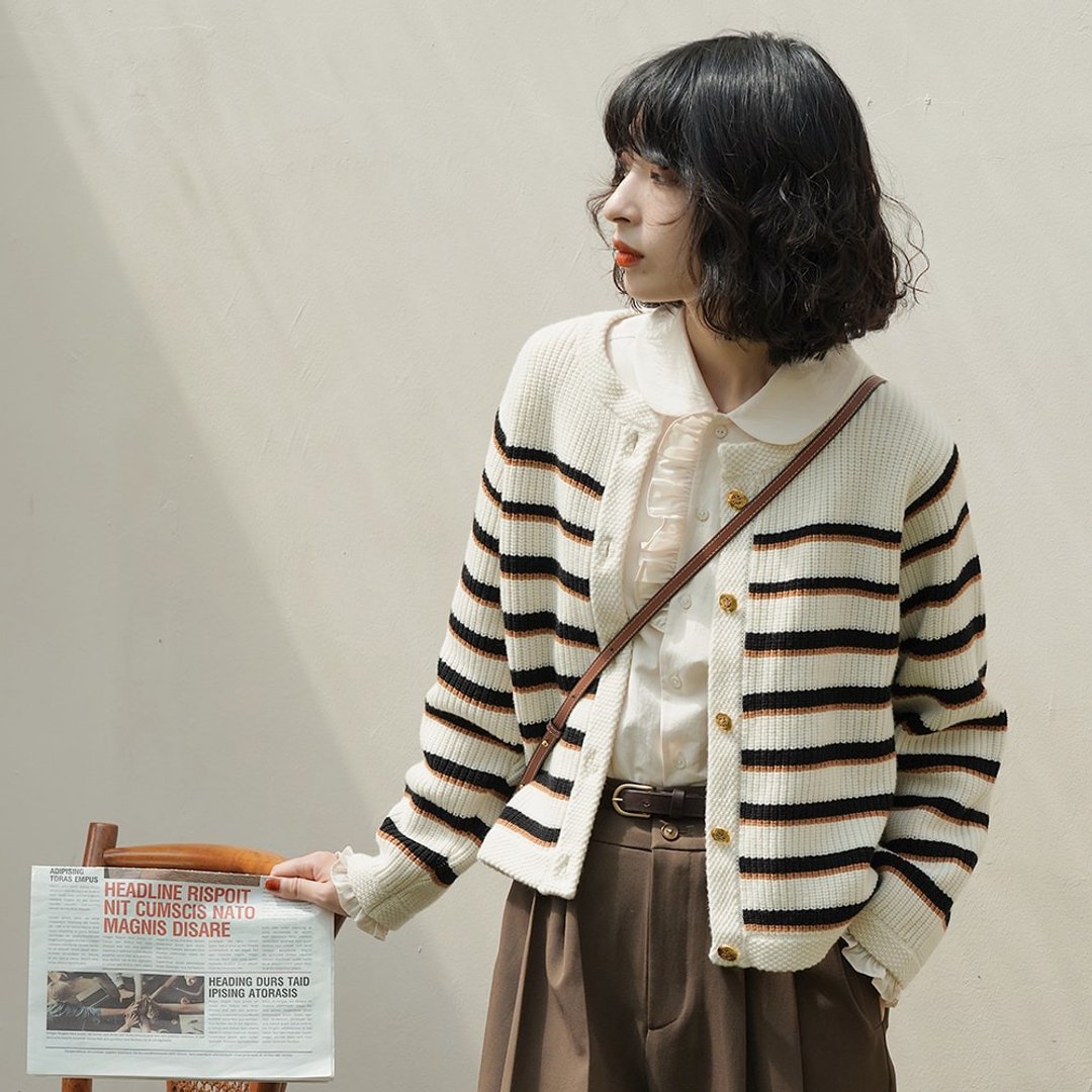 法式条纹绞花羊毛针织衫|毛衣|秋款|澳洲羊毛|Sora-813 - 女装针织衫/毛衣 - 羊毛 白色