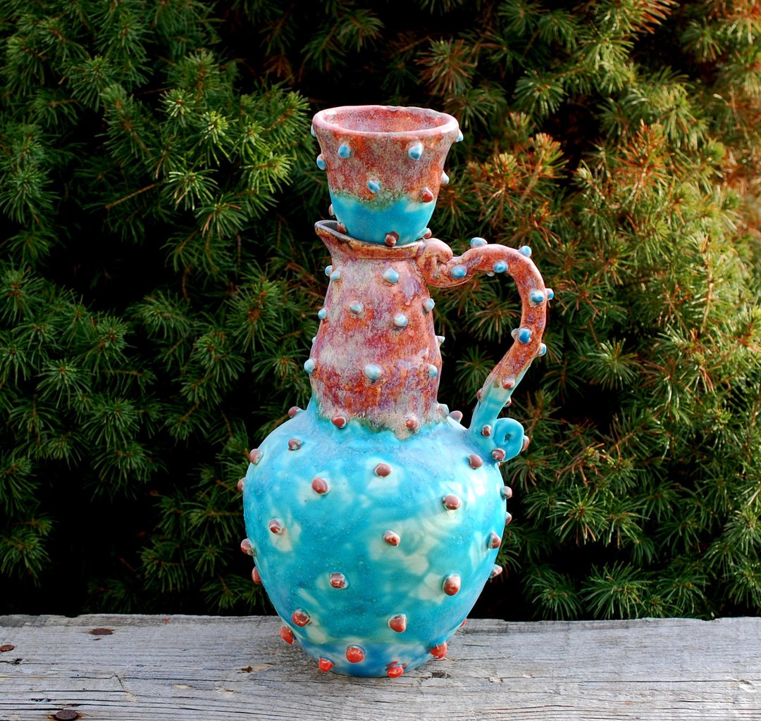 Ceramic jug Blue Pottery Pitcher Liquor Decanter Brown blue glazed Textured - 花瓶/陶器 - 陶 多色