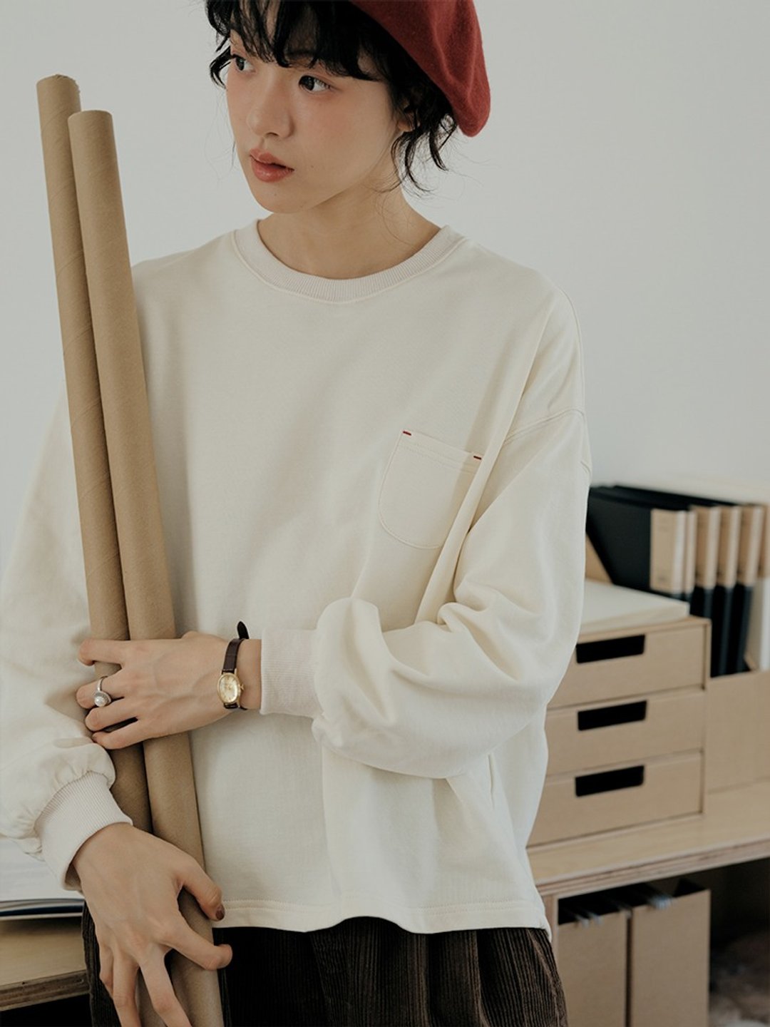 日系纯色卫衣 小口袋设计 休闲宽松上衣 秋 - 女装上衣 - 棉 白色