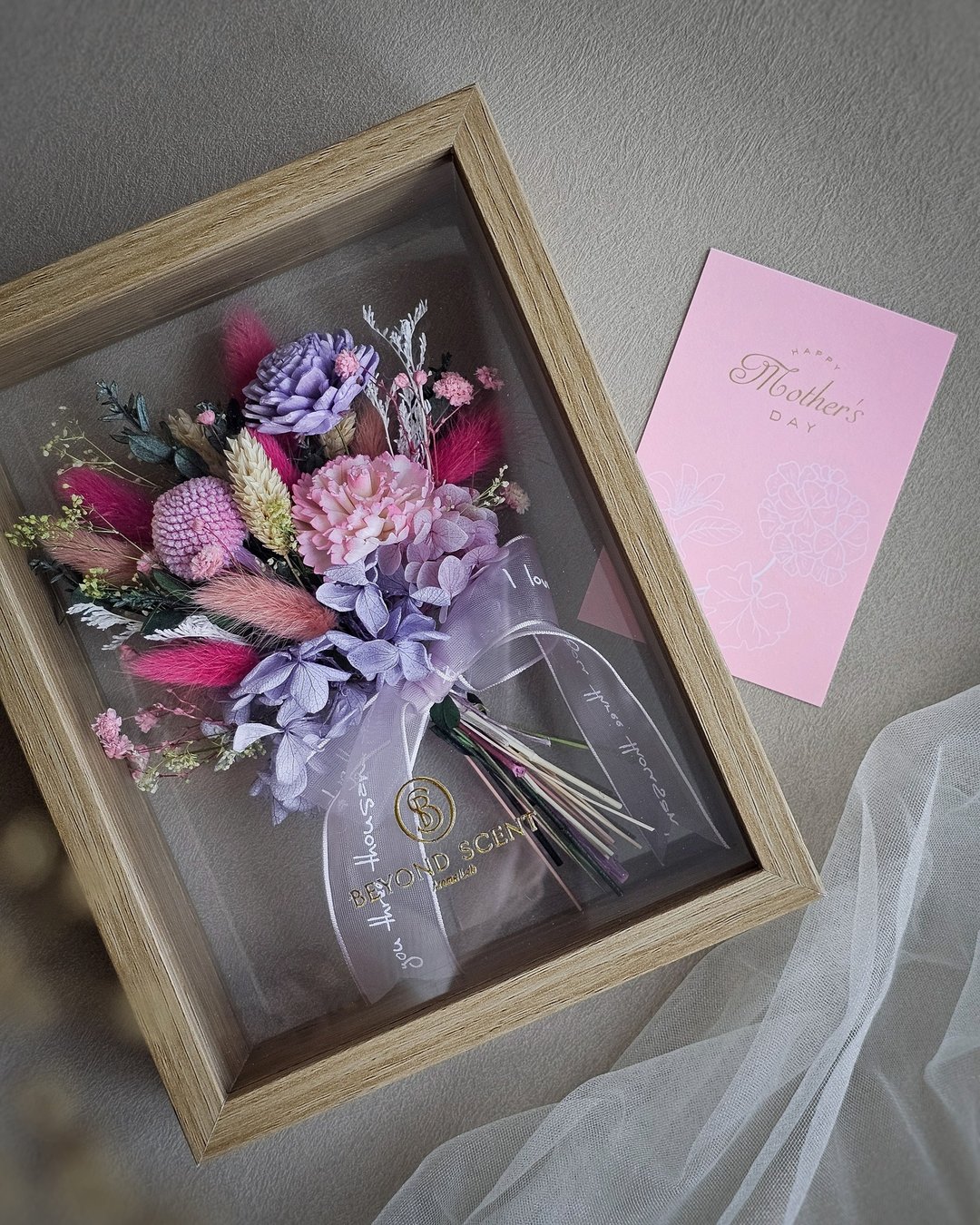 花束立体木相框【成品/材料包】 - 干燥花/捧花 - 木头 粉红色