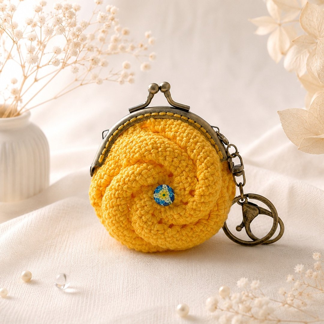 旋纹蜂蜜黄贝果・口金零钱包 | 7cm - 零钱包 - 棉 黄色