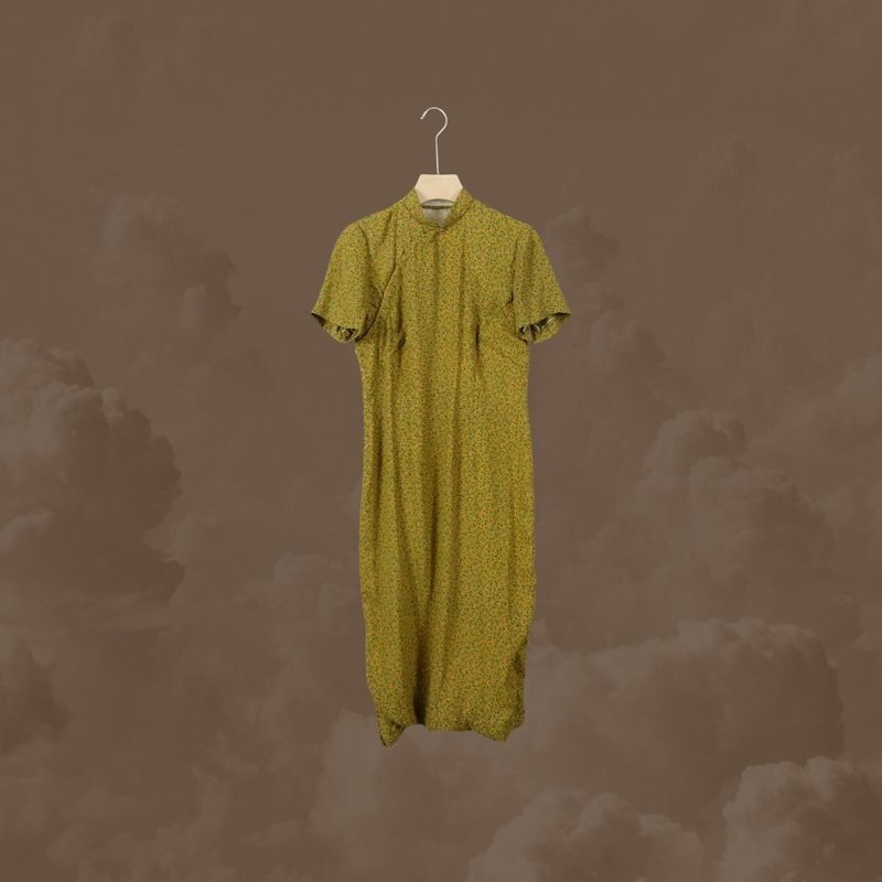 二手 姜黄绿 碎花 古董订制 短袖 旗袍 CA1125 - 洋装/连衣裙 - 聚酯纤维 黄色
