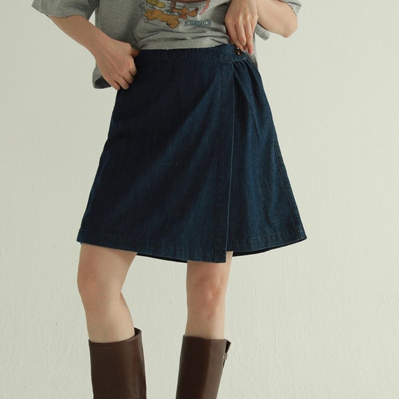 深藍色 韩系简约学院牛仔裙裤 休闲百搭宽松 A字裙半身裙子 - 裙子 - 棉．麻 蓝色