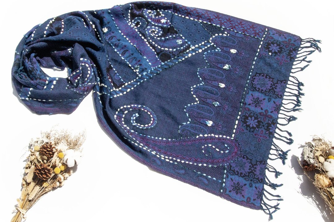 喀什米尔Cashmere/水煮羊毛披肩/针织围巾/刺绣围巾/羊绒披巾-花 - 围巾/披肩 - 羊毛 蓝色