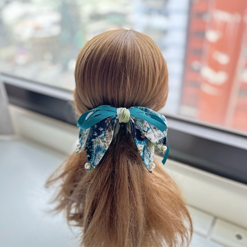 拼接棉布蝴蝶结鲨鱼夹抓夹相交夹发夹发饰头饰-蓝绿拼接感花布 - 发饰 - 其他材质 绿色