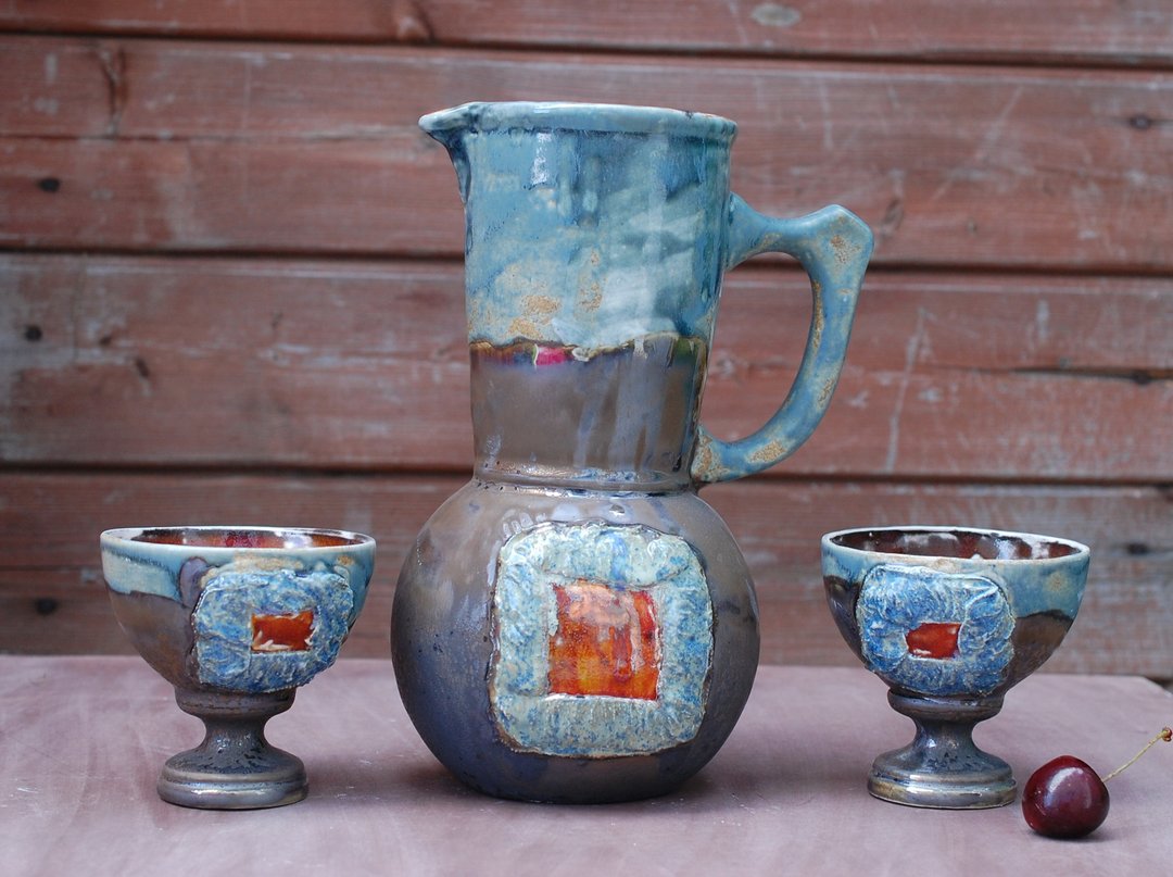 Ceramic jug and set goblets Pottery Wine set Blue brown pitcher with 2 glasses - 酒杯/酒器 - 陶 多色