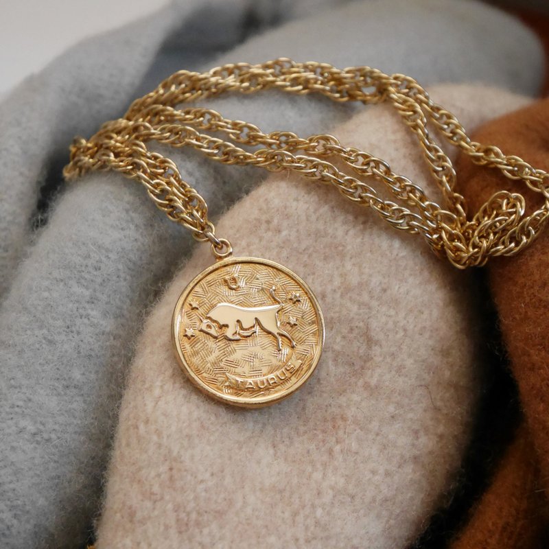 古董金色金牛座圆形星座项链 Sarah Cov N750 - 项链 - 其他金属 金色
