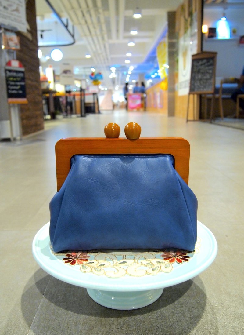 手缝怀旧木框 2用手袋: 60s TWIGGY Style 2-way Handbag - 手提包/手提袋 - 真皮 蓝色