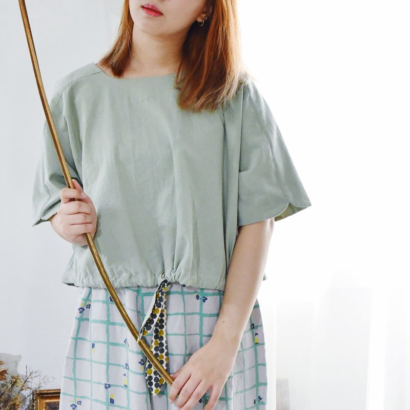 缩口短摆上衣 豆绿 - 女装上衣 - 棉．麻 绿色