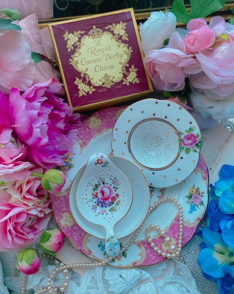 Royal crown derby 手绘玫瑰花束下午茶滤茶匙马年新年情人节生日 - 茶具/茶杯 - 瓷 多色
