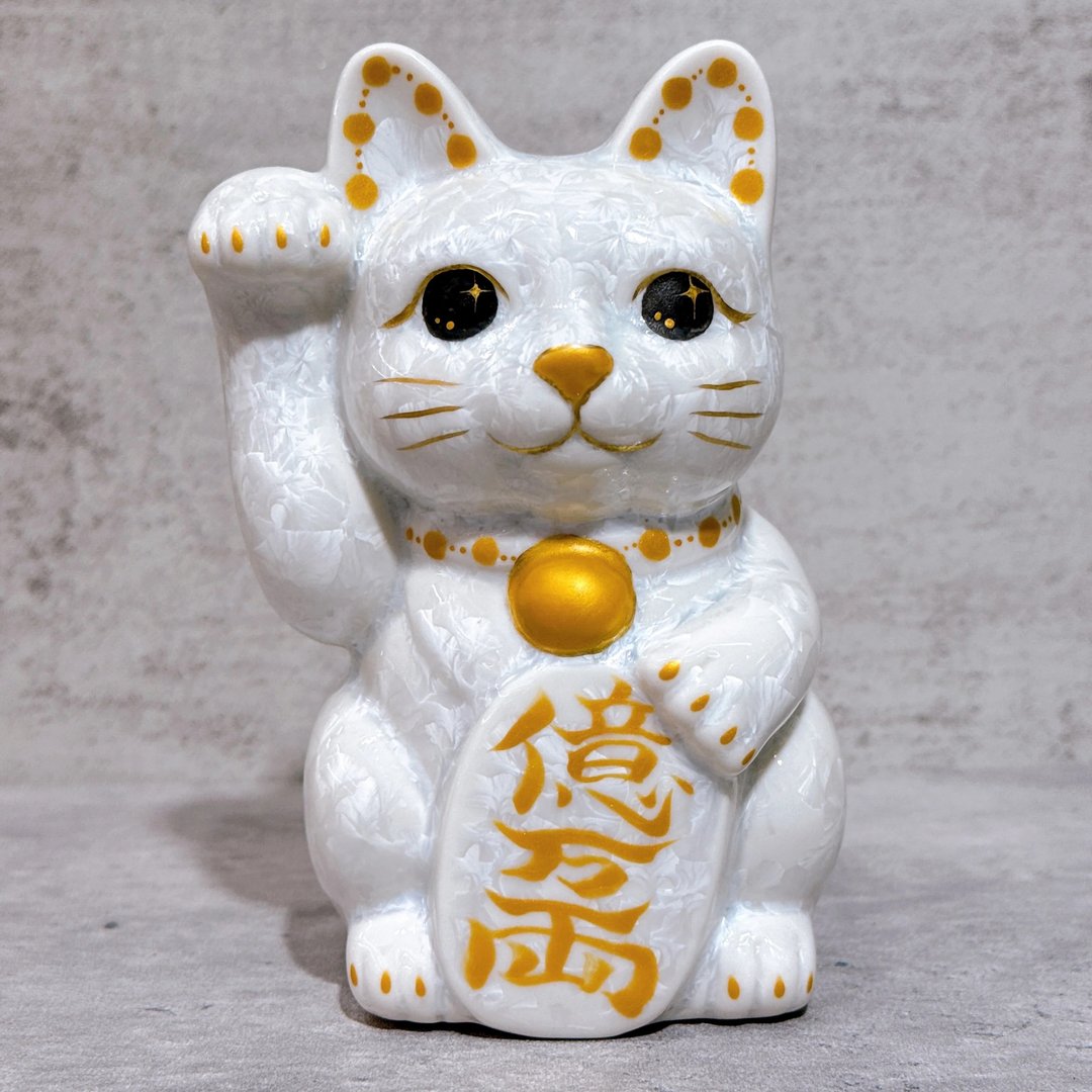 【雪耀福猫】日本清水烧招财猫 | 花结晶 白 亿万両 右 - 摆饰 - 瓷 白色