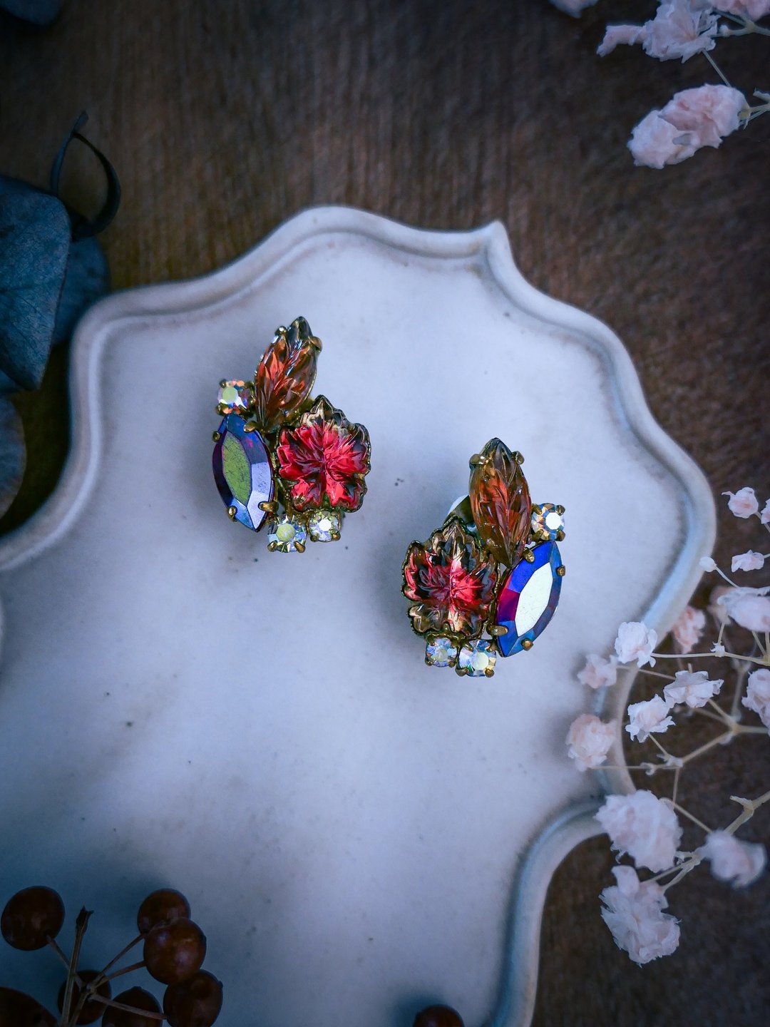 西德 枫叶与极光石耳环－欧洲古董首饰 Vintage Jewelry - 耳环/耳夹 - 其他金属 