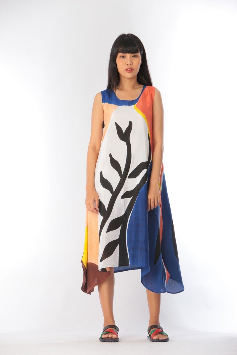 Dress Hand Paint Soft Cotton Silk for Yoga Vacation Holidays - 洋装/连衣裙 - 棉．麻 蓝色