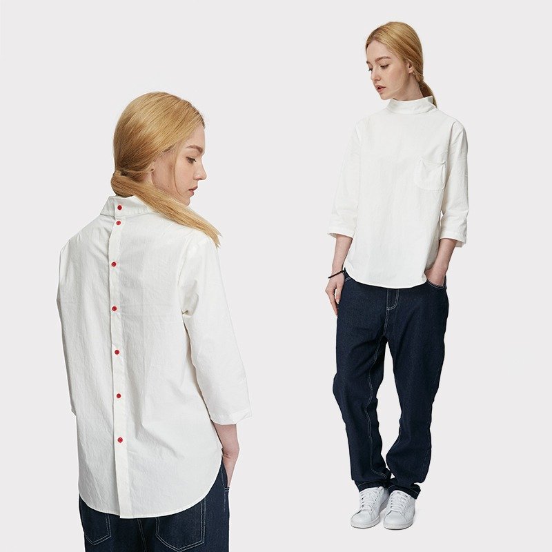 半高领后系扣七分袖白衬衫 - 女装衬衫 - 其他材质 白色