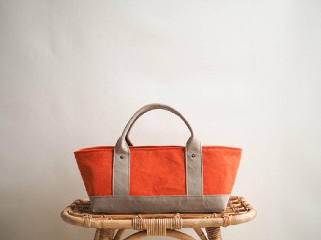 Made-to-order [ARMY DUCK] Tote bag with lid Yokonaga Orange x Gray Beige - 手提包/手提袋 - 棉 橘色