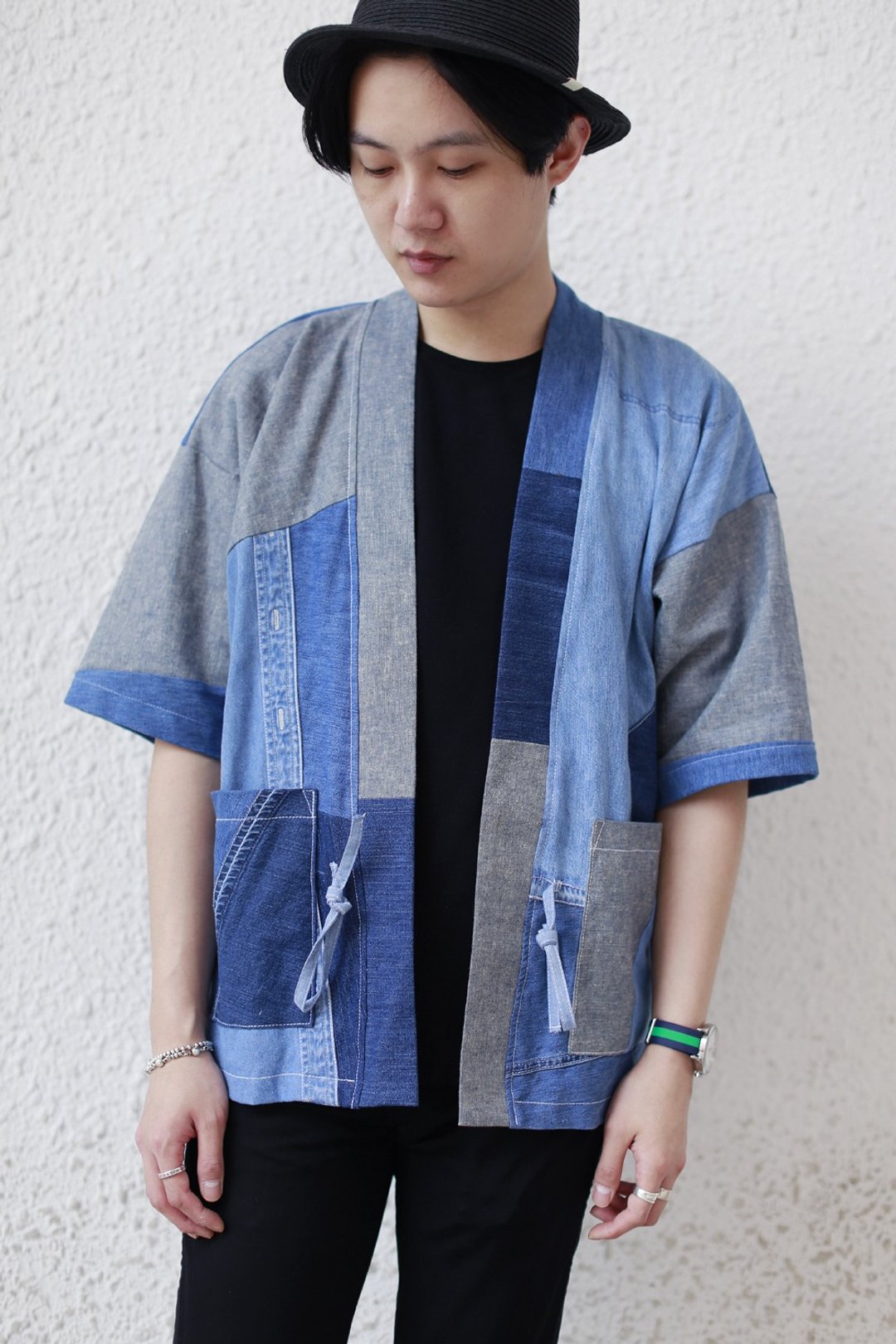 牛仔布patchwork 短袖Kimono - 男装外套 - 棉 