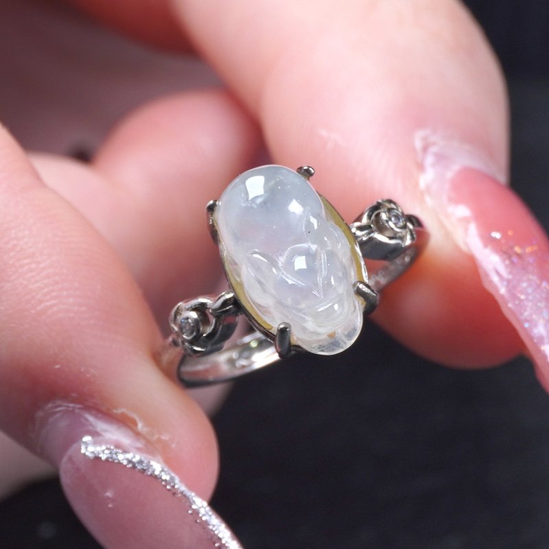 【招财神兽】冰种翡翠貔貅戒指 925纯银 | 天然缅甸玉A货 | 送礼 - 戒指 - 玉石 透明