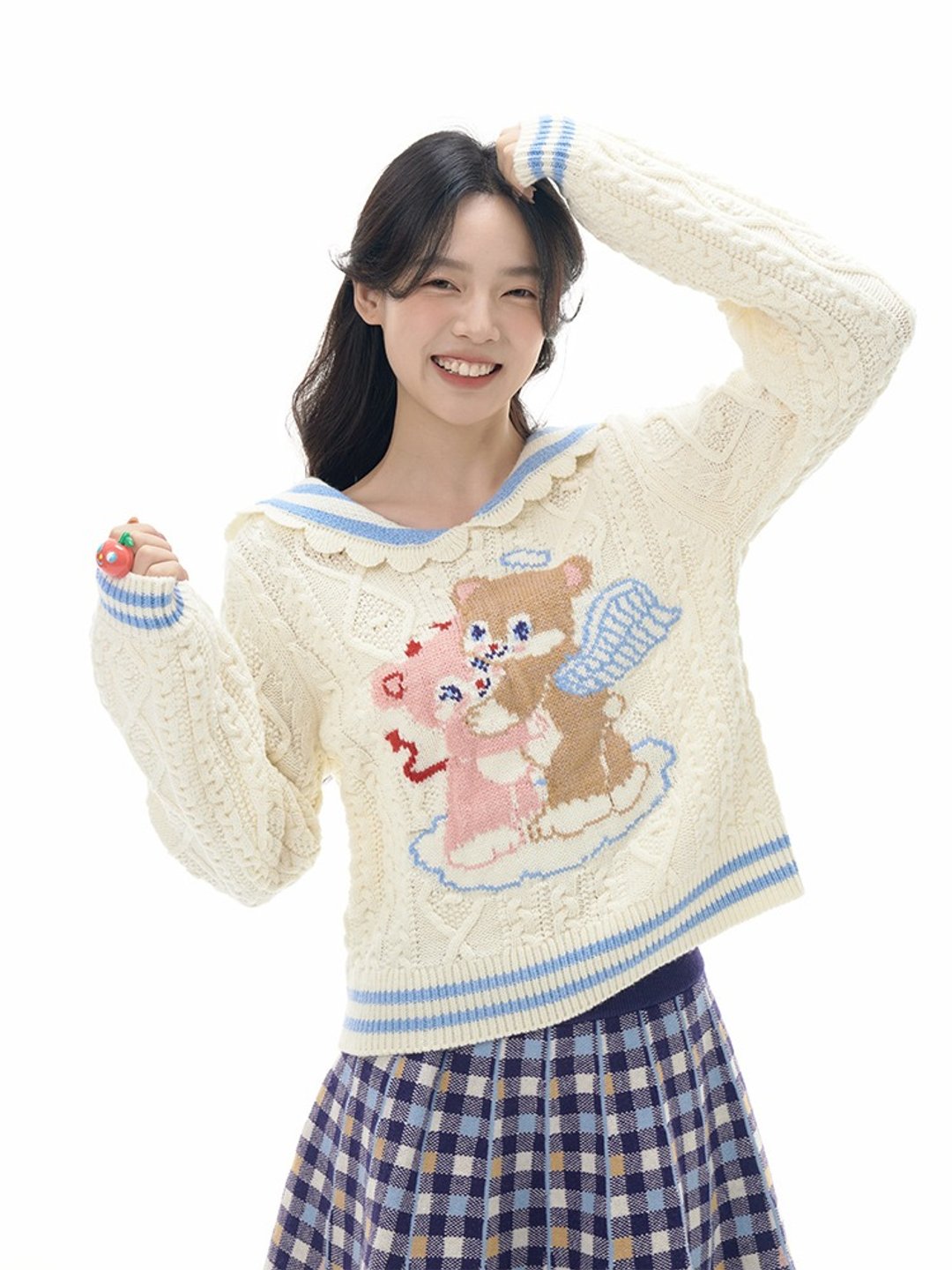 天使恶魔小熊海军领针织水手服上衣 - 女装上衣 - 其他材质 多色