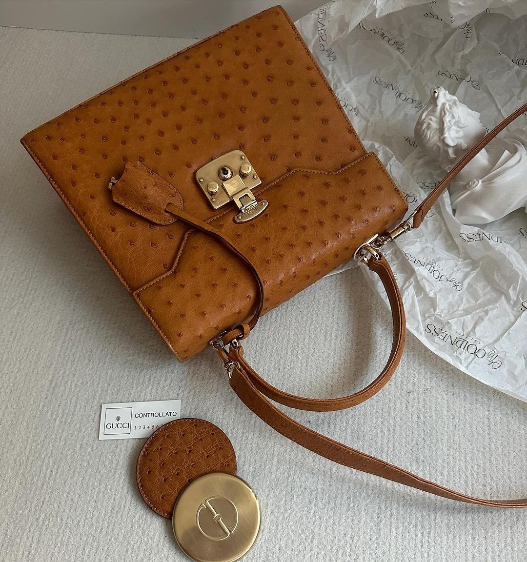 中古包 Gucci古驰 焦糖鸵鸟皮小凯莉包 - 手提包/手提袋 - 真皮 咖啡色