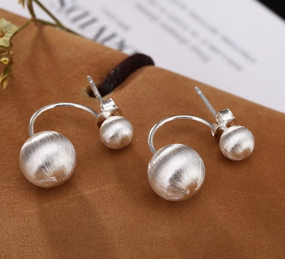 Real S 925 Fine Silver Handmade Brushed Balls Stud Earrings Dual Use Women - 耳环/耳夹 - 纯银 银色