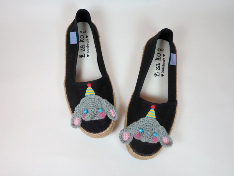 黑底 纯棉帆布手作鞋 彩色帽象儿 款 有编织款 - 女款休闲鞋 - 棉．麻 灰色