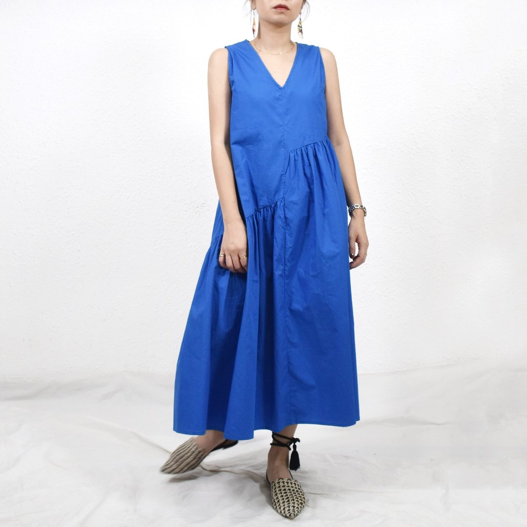 Charlotte Dress- Cobalt Blue 钴蓝色V领无袖宽松A形连衣裙 - 洋装/连衣裙 - 棉 蓝色