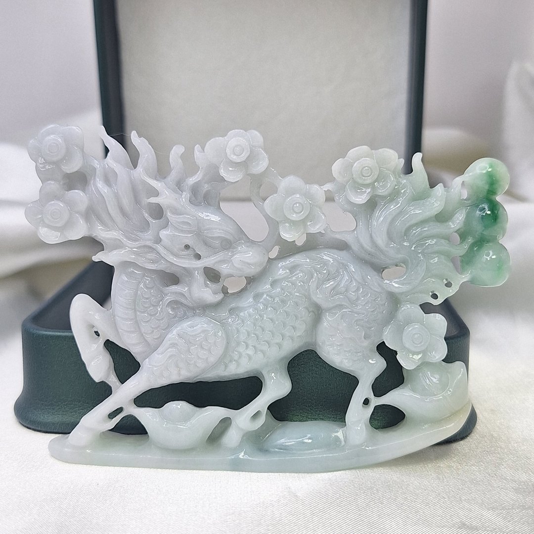 温润春彩 镂空 繁花 麒麟摆件 | 天然缅甸玉A货翡翠 - 摆饰 - 玉石 