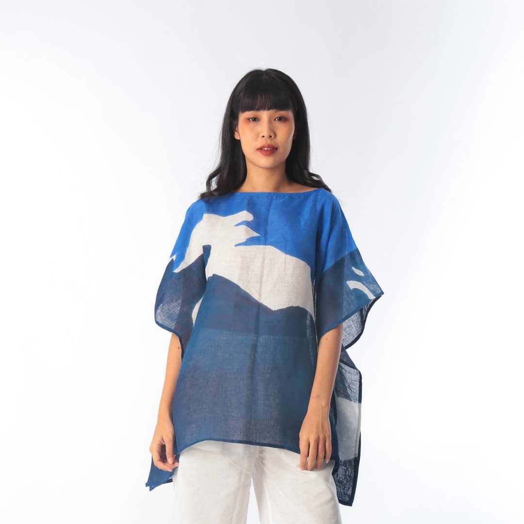 Poncho Blouse Linen Hand paint For Summer Beach Vacation - 女装上衣 - 棉 蓝色