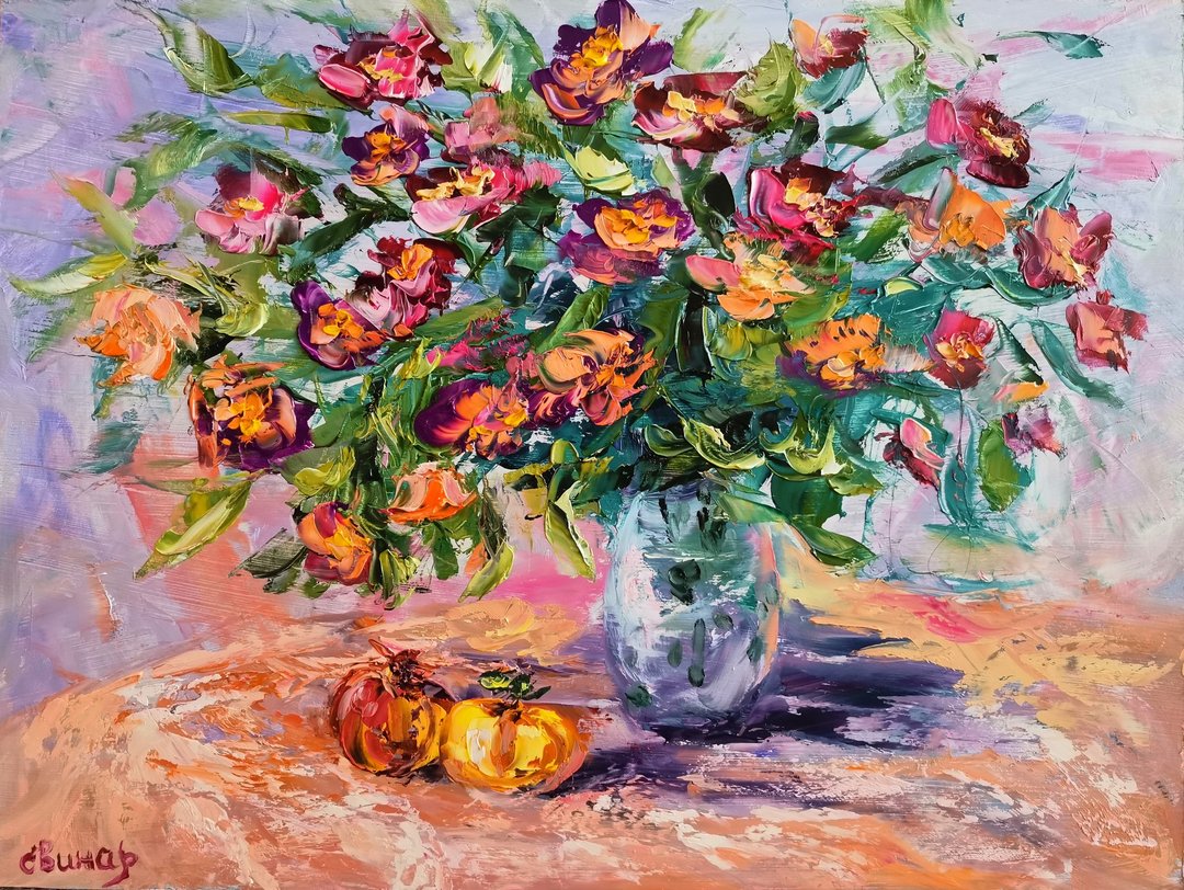 Pomegranate Flowers Apple Impasto Oil Painting Original Artist Svinar Oksana - 其他 - 其他材质 多色