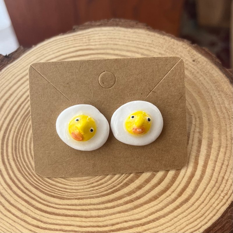 可爱的煎蛋造型耳环 - 耳环/耳夹 - 粘土 银色