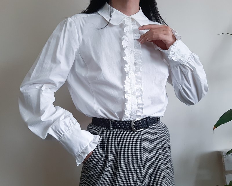 XL - NICOLE By Nicole Miller 米白色荷叶边衬衫 彼得潘领泡泡袖 - 女装衬衫 - 棉．麻 白色